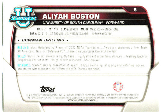 2022-23 Bowman University Chrome #5 Aliyah Boston South Carolina Gamecocks