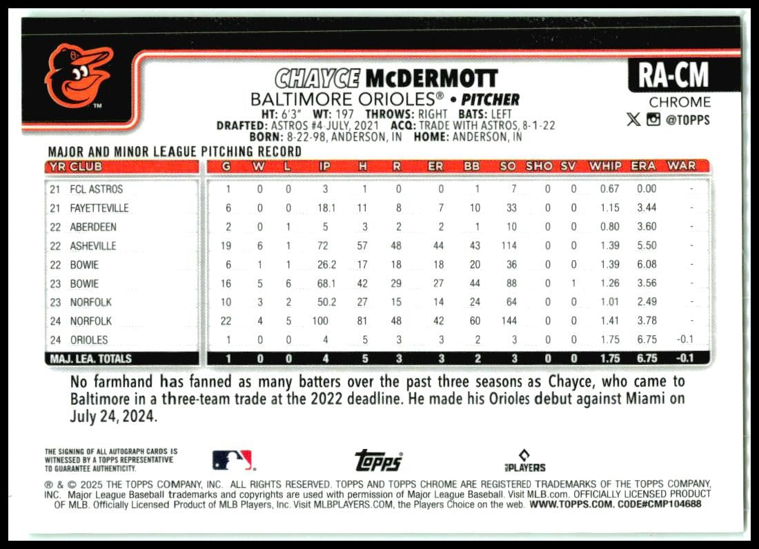 2025 Topps Chrome Rookie Auto Green #RA-CM Chayce McDermott Auto Orioles