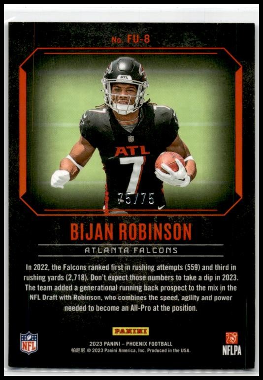 2023 Panini Phoenix Fired Up Orange #FU-8 Bijan Robinson #/75 Atlanta Falcons