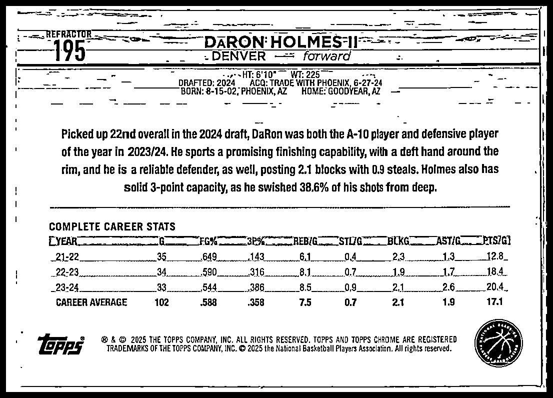 2024-25 Topps Chrome Prism Refractor #195 DaRon Holmes II Rookie Denver Nuggets