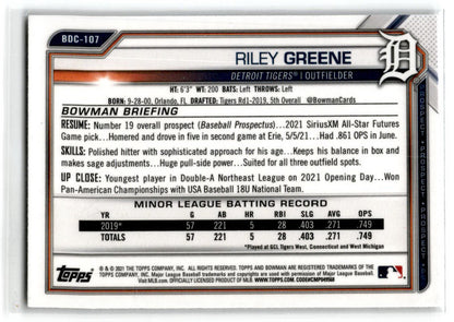 2021 Bowman Draft #BDC-107 Riley Greene Detroit Tigers