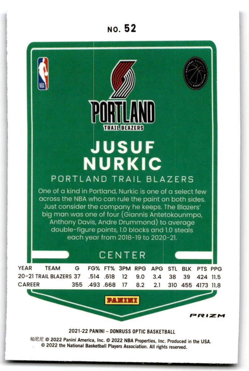 2021-22 Donruss Optic  Blue Velocity Jusuf Nurkic Portland Trail Blazers #52