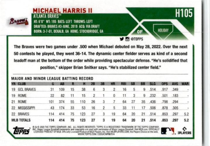 2023 Topps Holiday Candy Cane Bat #H105b Michael Harris II Atlanta Braves