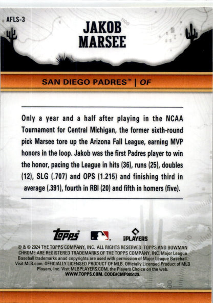 2024 Bowman Chrome 2023 AFL Fall Stars #AFLS-3 Jakob Marsee San Diego Padres