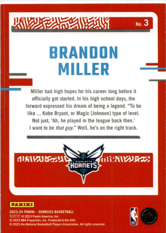 2023-24 Donruss The Rookies #3 Brandon Miller Charlotte Hornets