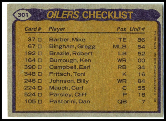 1979 Topps Cream Colored Back #301 Earl Campbell Oilers