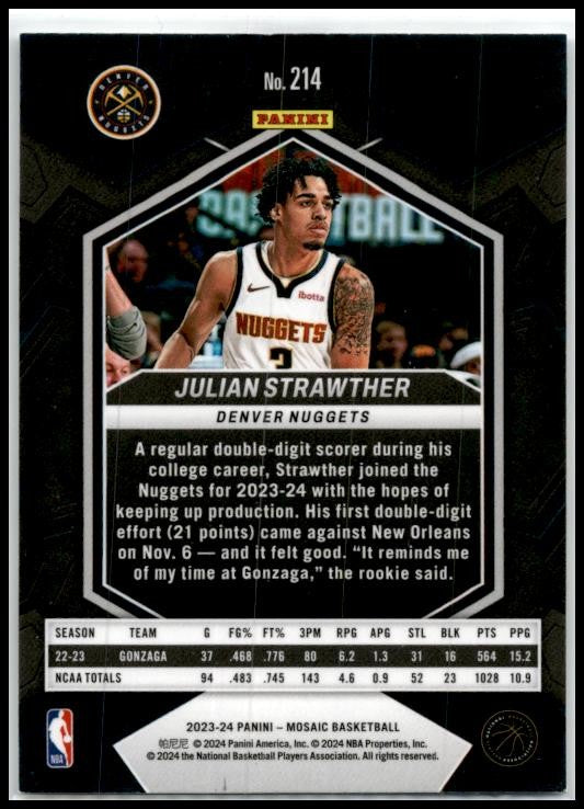 2023-24 Panini Mosaic #214 Julian Strawther Rookie Denver Nuggets