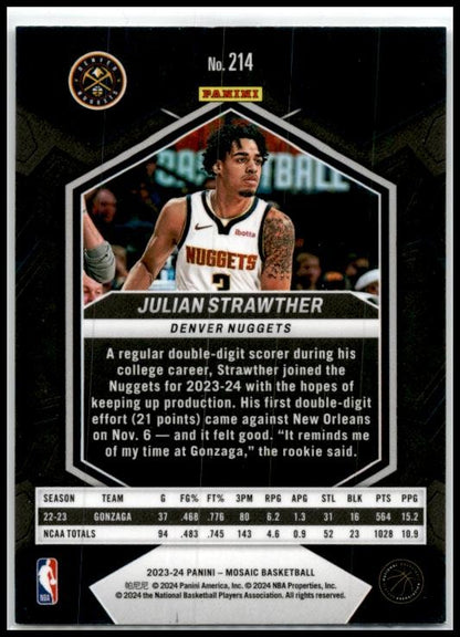 2023-24 Panini Mosaic #214 Julian Strawther Rookie Denver Nuggets