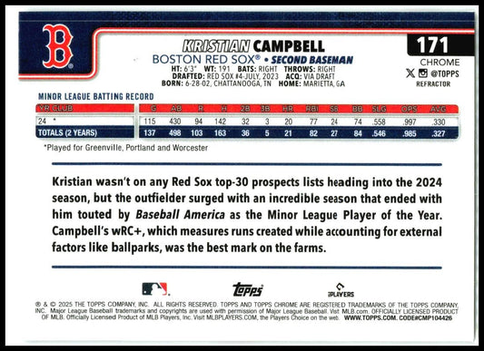 2025 Topps Chrome Refractors #171 Kristian Campbell Rookie Boston Red Sox