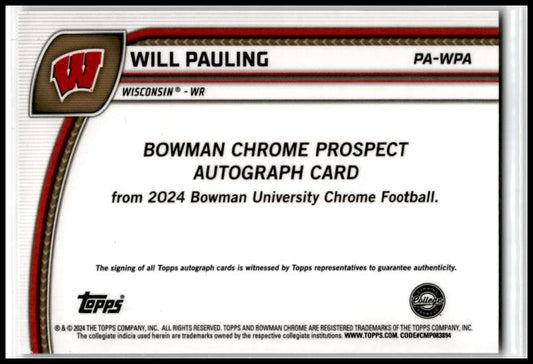 2024 Bowman University Chrome Prospect Auto #PA-WPA Will Pauling Auto Badgers