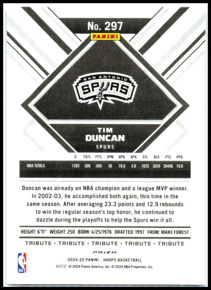 2024-25 Hoops Premium Prizms Silver #297 Tim Duncan San Antonio Spurs