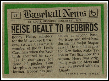 1974 Topps Traded #51T Bobby Heise St. Louis Cardinals