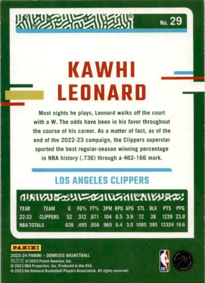2023-24 Donruss  Green Laser Holo #29 Kawhi Leonard Los Angeles Clippers