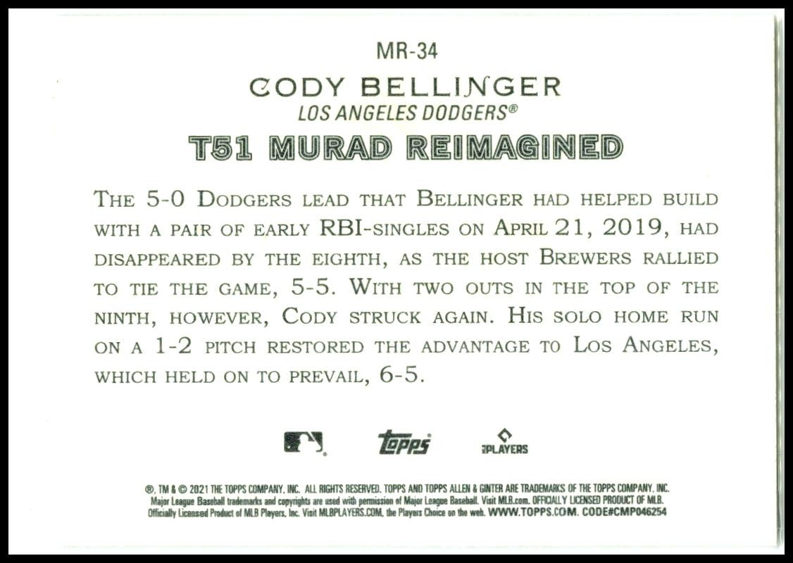 2021 Topps Allen & Ginter T51 MURAD Reimagined #MR-34 Cody Bellinger Dodgers