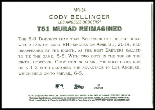 2021 Topps Allen & Ginter T51 MURAD Reimagined #MR-34 Cody Bellinger Dodgers