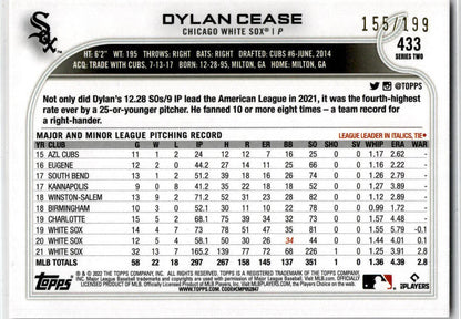 2022 Topps Red Foilboard #433 Dylan Cease /199 Chicago White Sox
