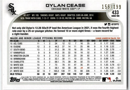 2022 Topps Red Foilboard #433 Dylan Cease /199 Chicago White Sox