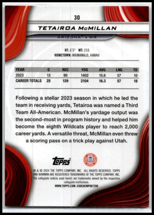 2024 Bowman University Best #30 Tetairoa McMillan Arizona Wildcats