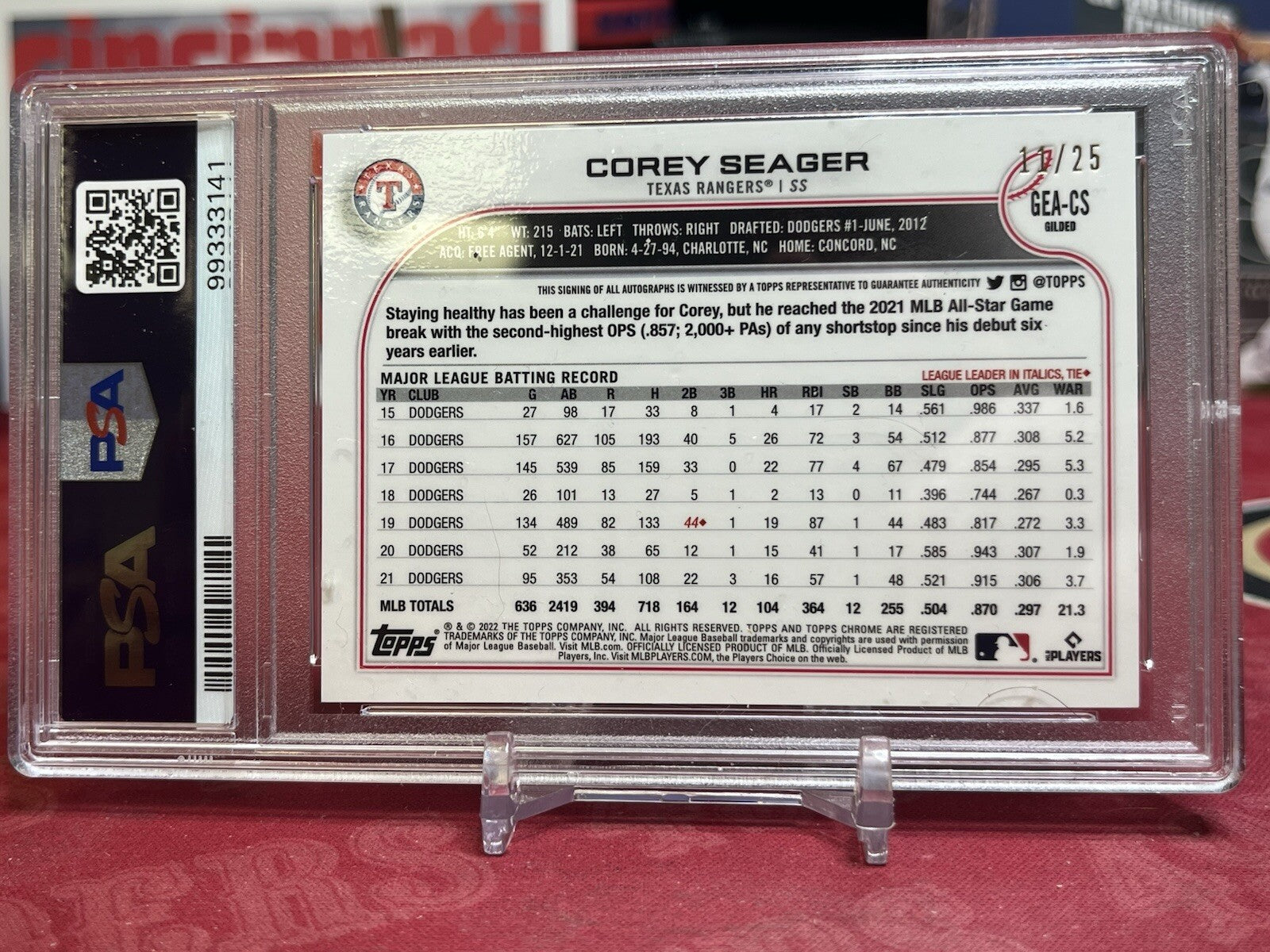 2022 Topps Chrome Gilded Corey Seager Gold Etch Rose Gol Auto /25 Rangers PSA 10