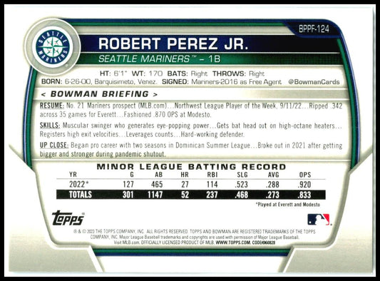 2023 Bowman 1st Edition Sky Blue Foil #BPPF-124 Robert Perez Jr. Seattle