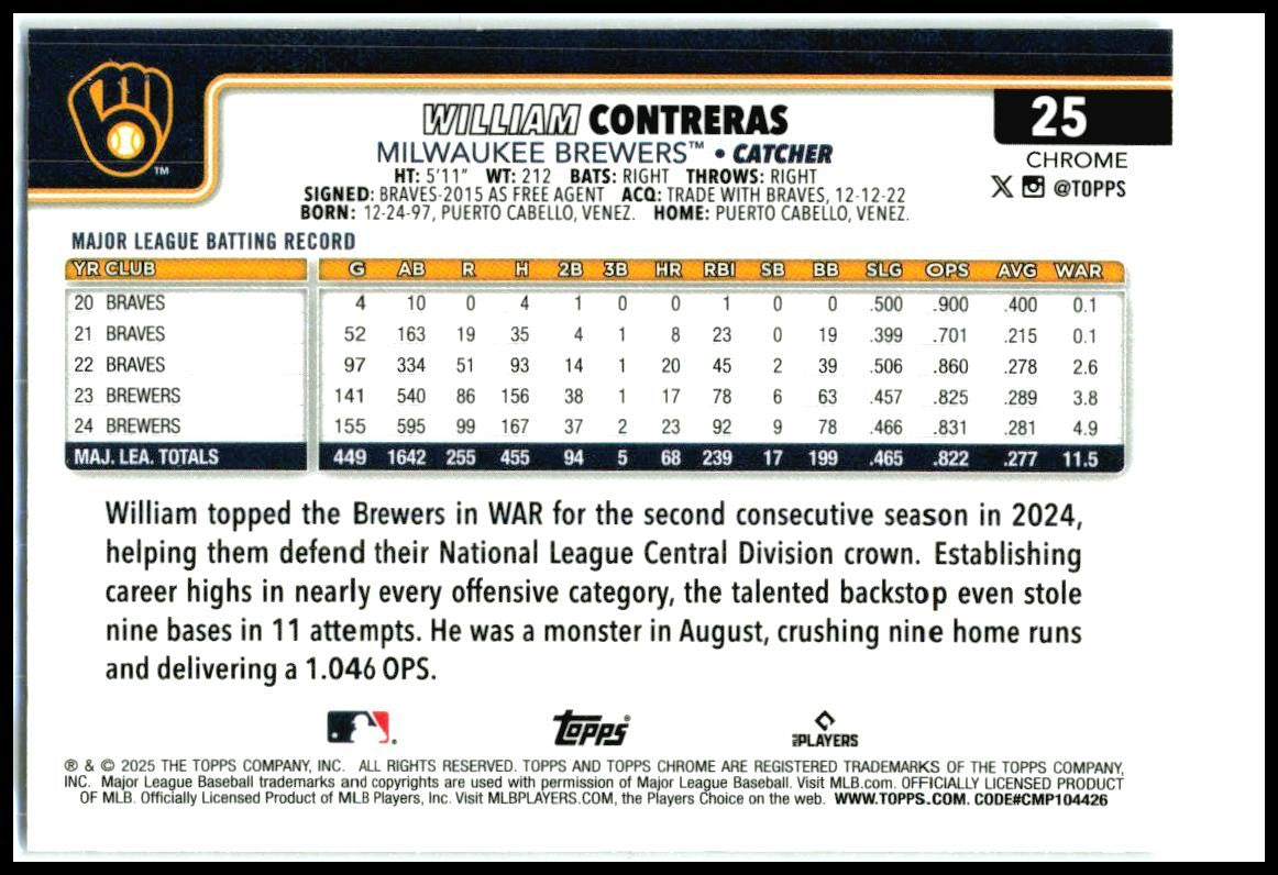 2025 Topps Chrome Logofractor Edition #25 William Contreras Milwaukee Brewers