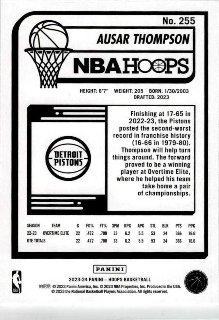 2023-24 Hoops Winter #255 Ausar Thompson Rookie Detroit Pistons