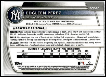 2025 Bowman Chrome Prospects #BCP-80 Edgleen Perez New York Yankees