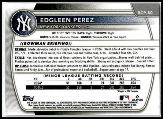 2025 Bowman Chrome Prospects #BCP-80 Edgleen Perez New York Yankees