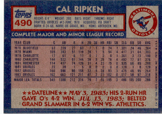 1984 Topps #490 Cal Ripken Baltimore Orioles