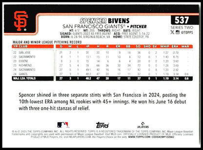 2025 Topps #537 Spencer Bivens San Francisco Giants