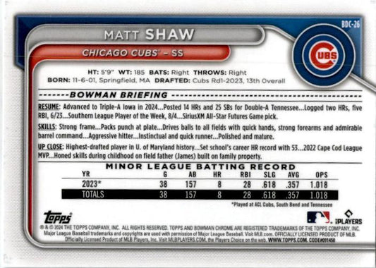 2024 Bowman Draft Chrome #BDC-26 Matt Shaw Chicago Cubs