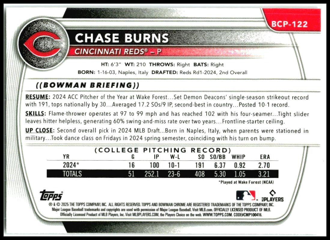 2025 Bowman Chrome Reptilian Fuchsia Refractor #BCP-122 Chase Burns Reds