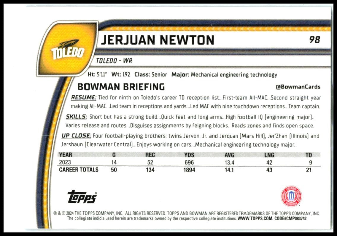 2024 Bowman University Chrome Blue Refractor #98 Jerjuan Newton Broncos