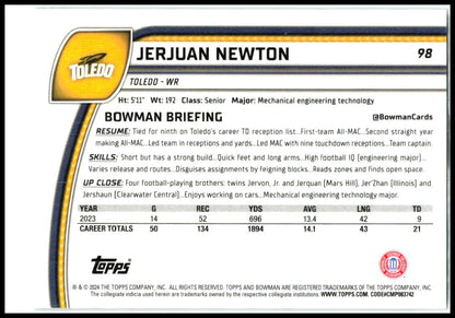 2024 Bowman University Chrome Blue Refractor #98 Jerjuan Newton Broncos