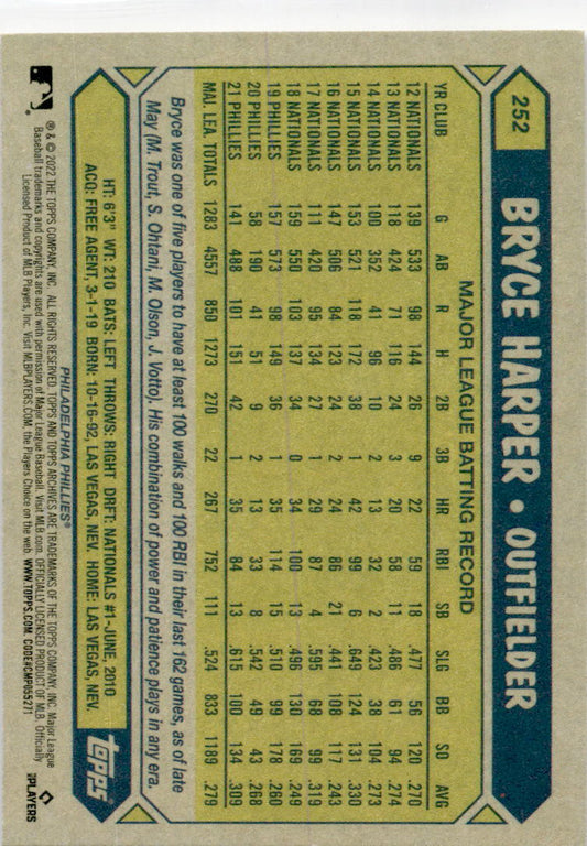 2022 Topps #252 Bryce Harper Philadelphia Phillies.