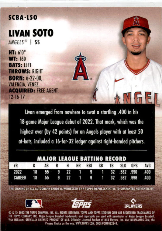 2023 Stadium Club #SCBA-LSO Livan Soto Auto Los Angeles Angels