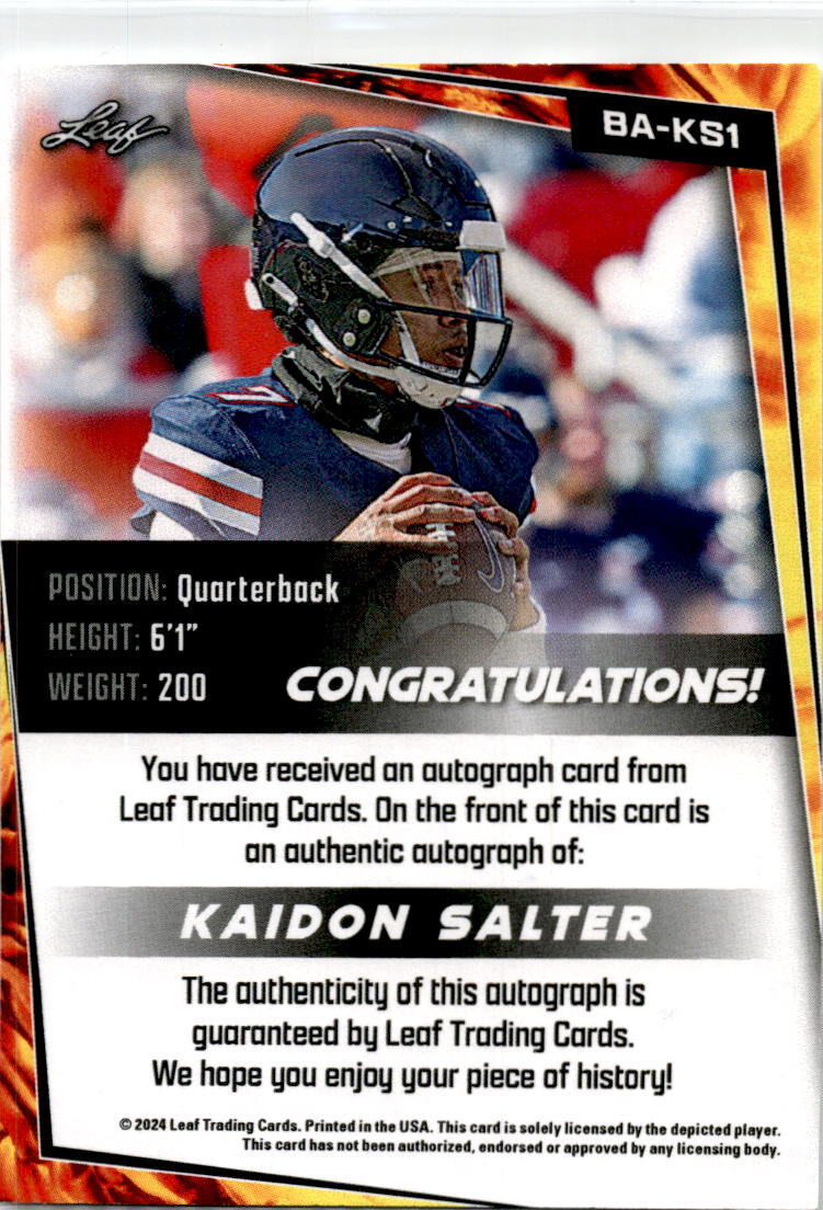 2024 Leaf #BA-KS1 Kaidon Salter Rookie Auto Liberty Flames