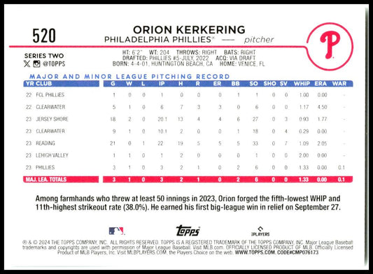 2024 Topps #520 Orion Kerkering Rookie Philadelphia Phillies