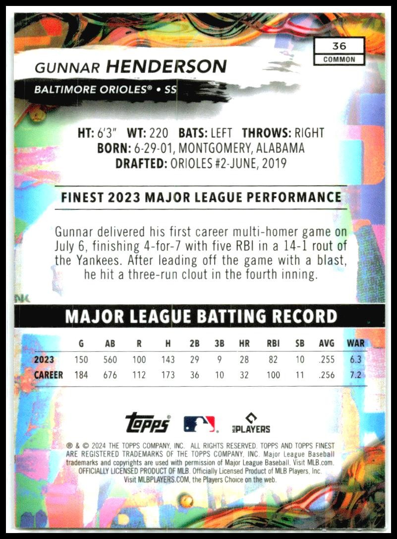 2024 Finest #36 Gunnar Henderson Baltimore Orioles