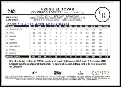 2024 Topps Red Crackle Foil #565 Ezequiel Tovar #/199 Colorado Rockies