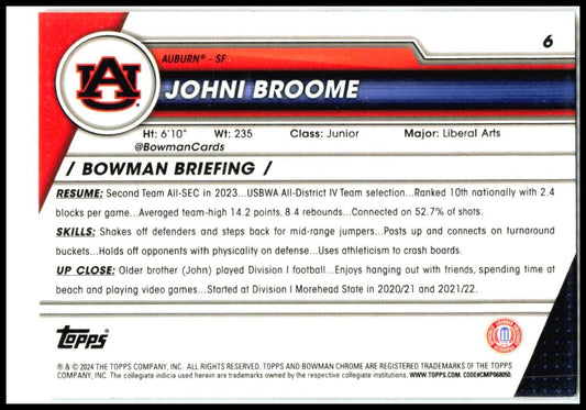 2023-24 Bowman University Chrome #6 Johni Broome Auburn Tigers