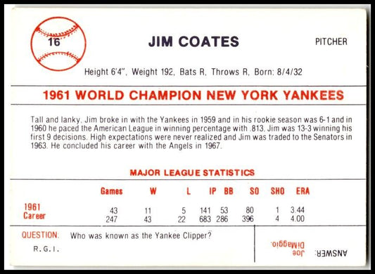 1980 Galasso B&W 1961 New York Yankees #16 Jim Coates New York Yankees