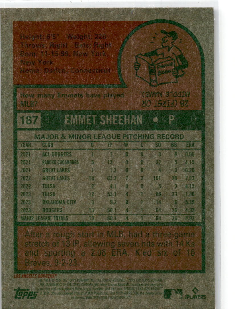 2024 Topps Heritage Chrome Purple Refractor #187 Emmet Sheehan Los Angeles Dodge