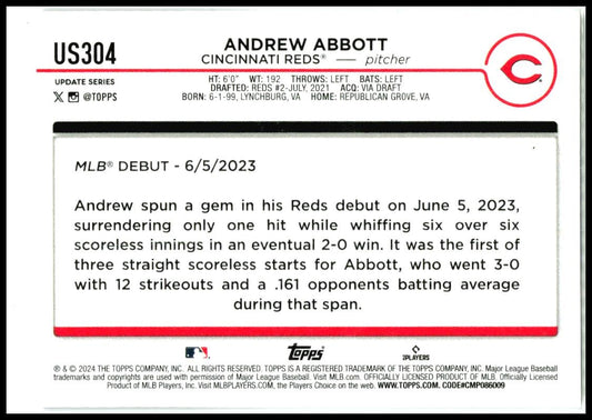 2024 Topps Update #US304 Andrew Abbott Cincinnati Reds