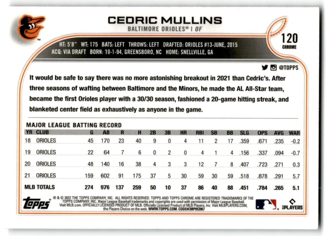 2022 Topps Chrome X-Factor Cedric Mullins Baltimore Orioles #120