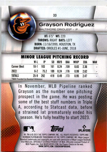 2023 Bowman Platinum #33 Grayson Rodriguez Rookie Baltimore Orioles