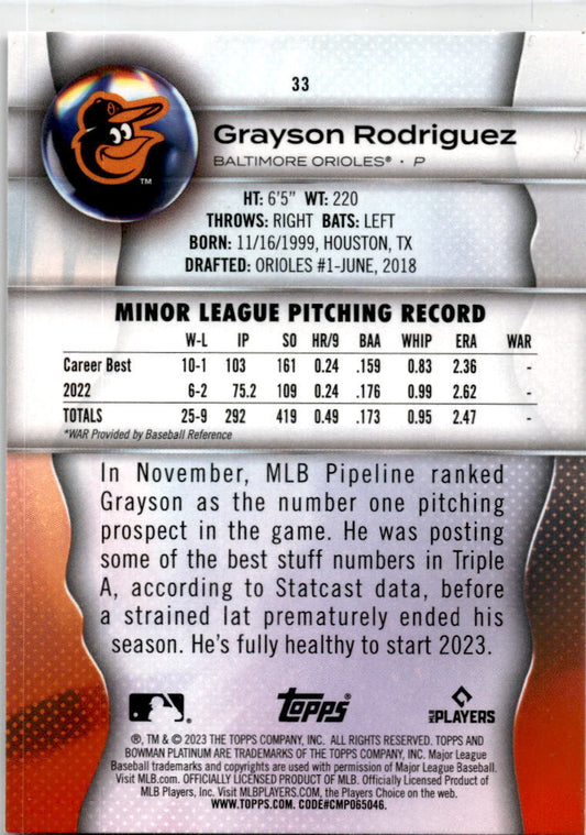 2023 Bowman Platinum #33 Grayson Rodriguez Rookie Baltimore Orioles
