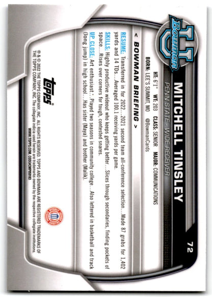 2022 bowman chrome university Purple Shimmer Mitchell Tinsley Penn State #72