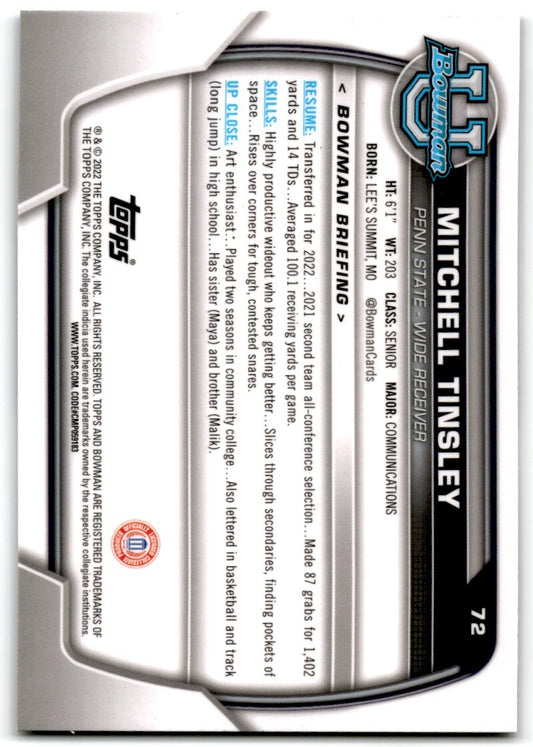 2022 bowman chrome university Purple Shimmer Mitchell Tinsley Penn State #72