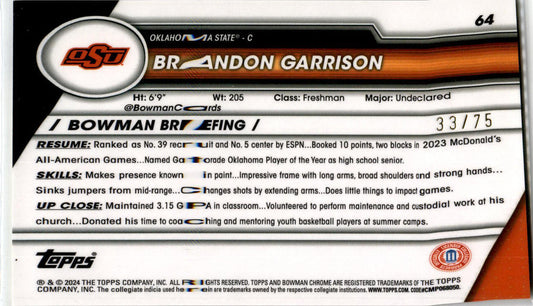 2023-24 Bowman University Chrome Yellow Refractor #64 Brandon Garrison Cowboys